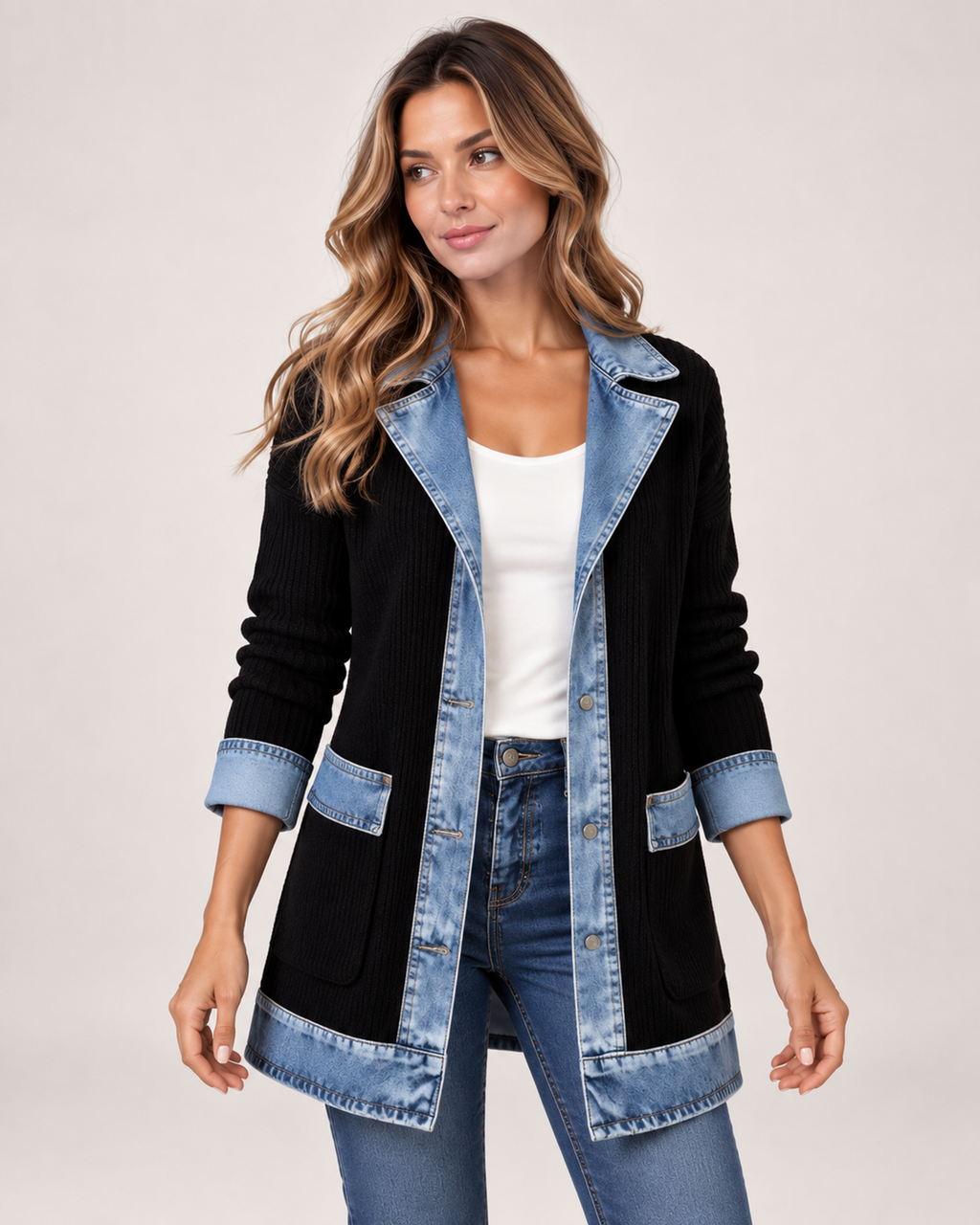 Women’s Coatigan with Denim Collar and Button Front in Black, short outerwear product focus view