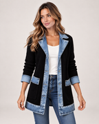 Women’s Coatigan with Denim Collar and Button Front in Black, short outerwear product focus view