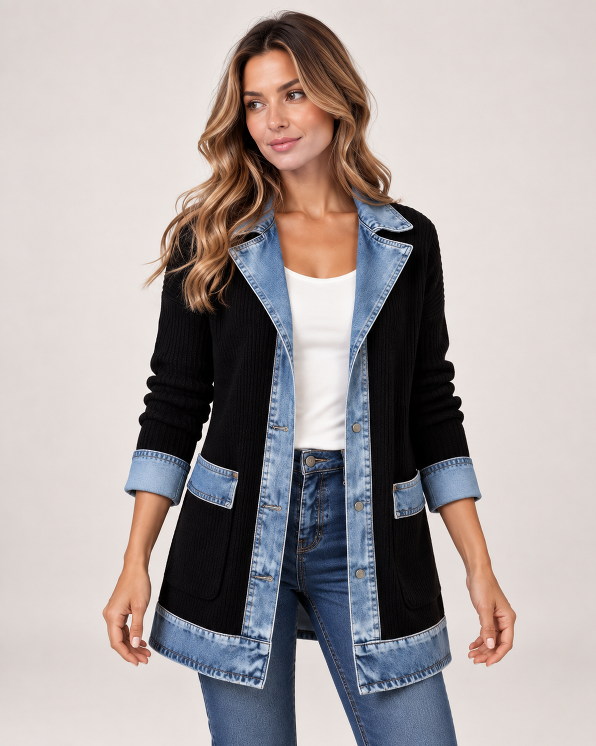 Women’s Coatigan with Denim Collar and Button Front in Black, short outerwear product focus view