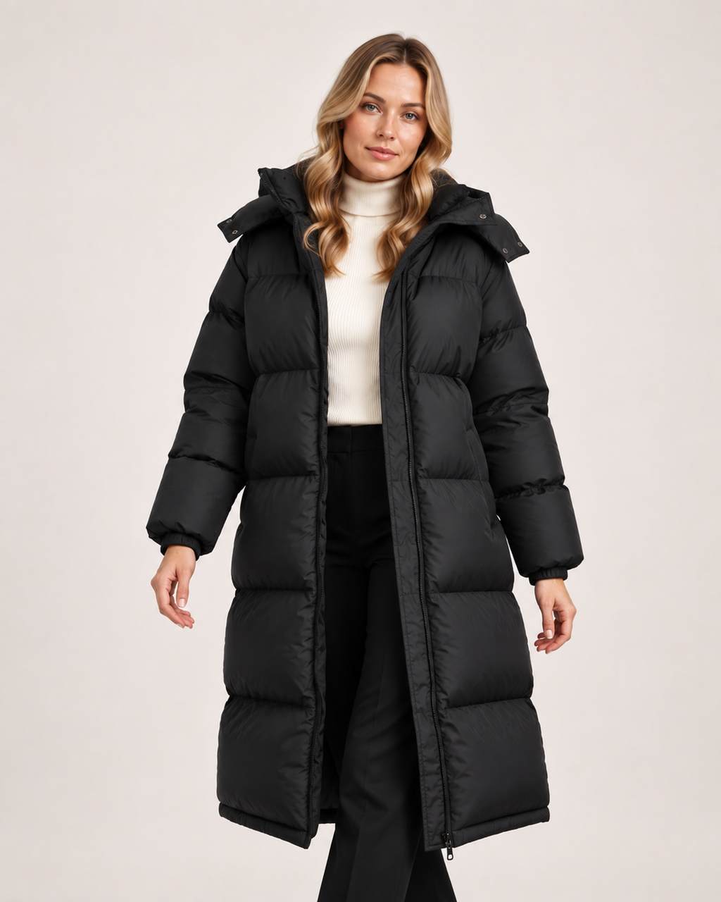 Women’s Long Puffer Coat with Hood and Oversized Fit in Black, short outerwear product focus view