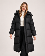 Women’s Long Puffer Coat with Hood and Oversized Fit in Black, short outerwear product focus view