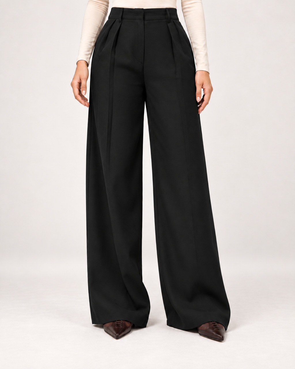 Women’s Wide Leg Trousers with High Waist and Side Pockets in Black, lower body product focus view