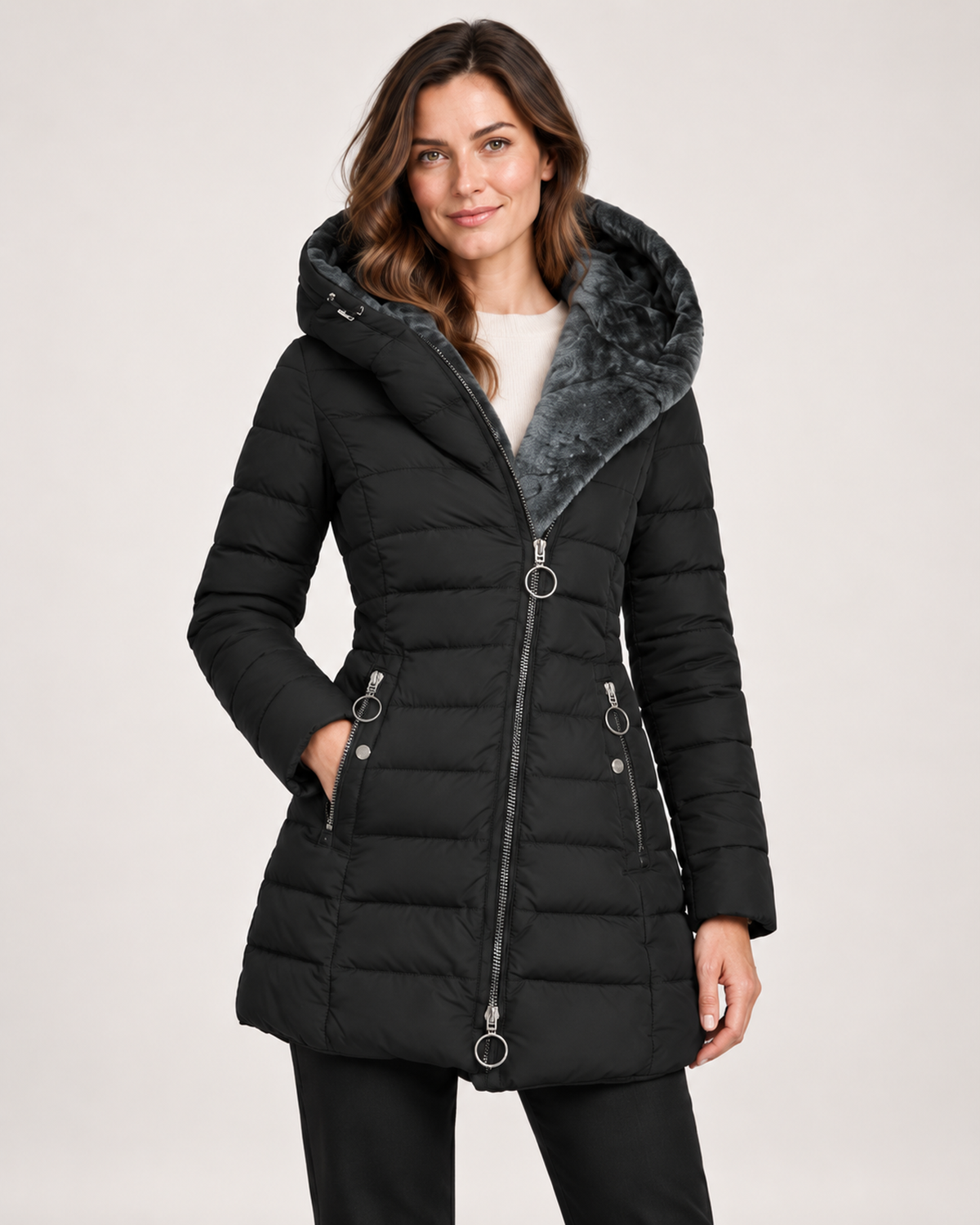 Women’s Long Puffer Jacket with Hood and Asymmetric Zip in Black, short outerwear product focus view