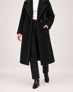 Women’s Borg Coat with Long Shape and Lapel Collar in Black, short outerwear product focus view