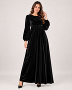 Women’s Velvet Maxi Dress with Draped Waist in Black, lower body product focus view