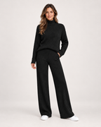 Women’s Knitted Co-Ord Set with Roll Neck and Wide Leg Trousers in Black, lower body product focus view