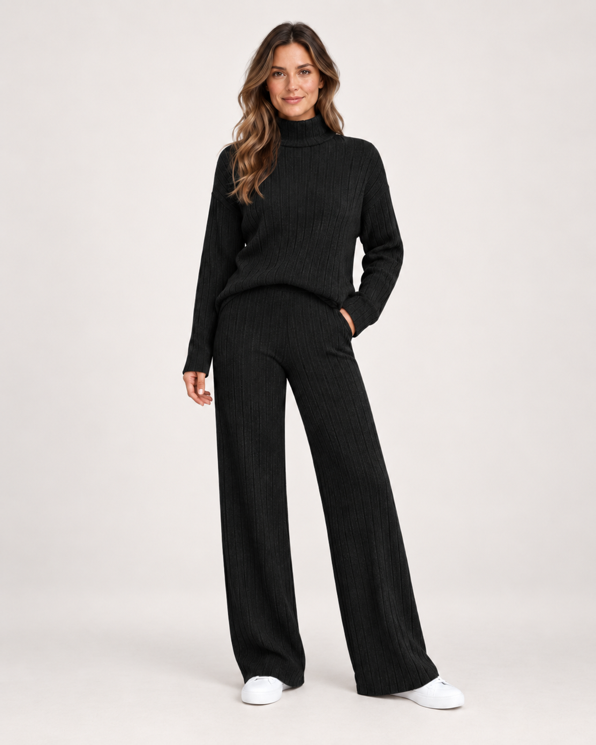 Women’s Knitted Co-Ord Set with Roll Neck and Wide Leg Trousers in Black, lower body product focus view