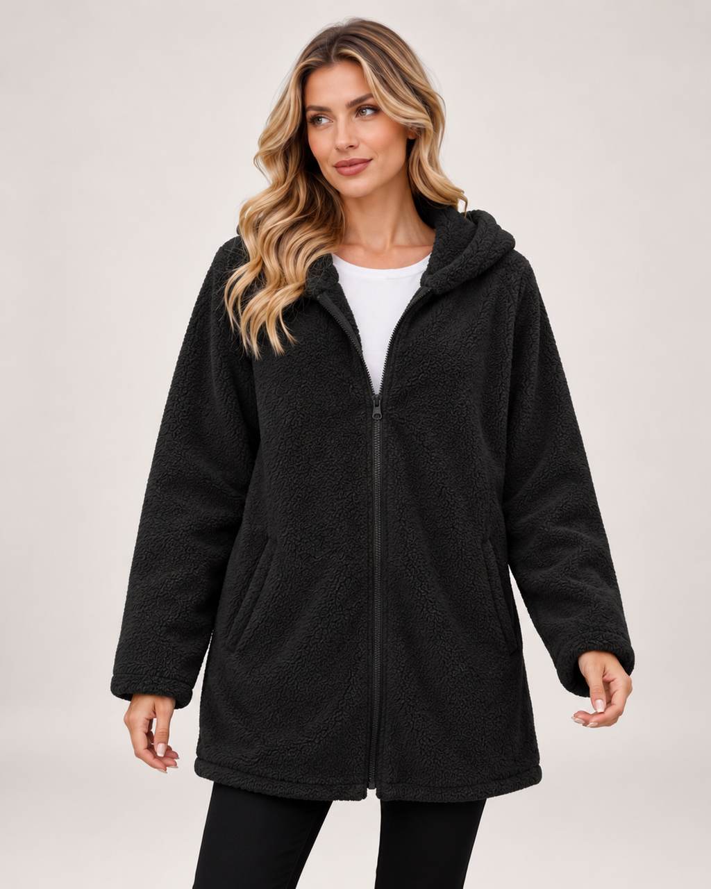 Women’s Fleece Jacket with Hood and Zip Front in Black, short outerwear product focus view