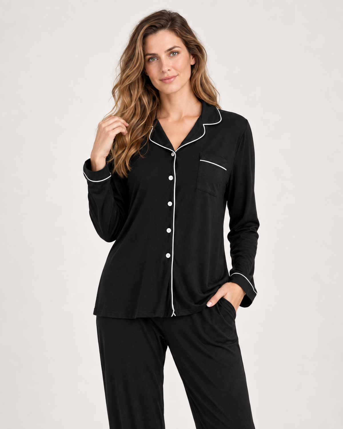 Women’s Pyjama Set in Modal with Contrast Piping in Black, lower body product focus view
