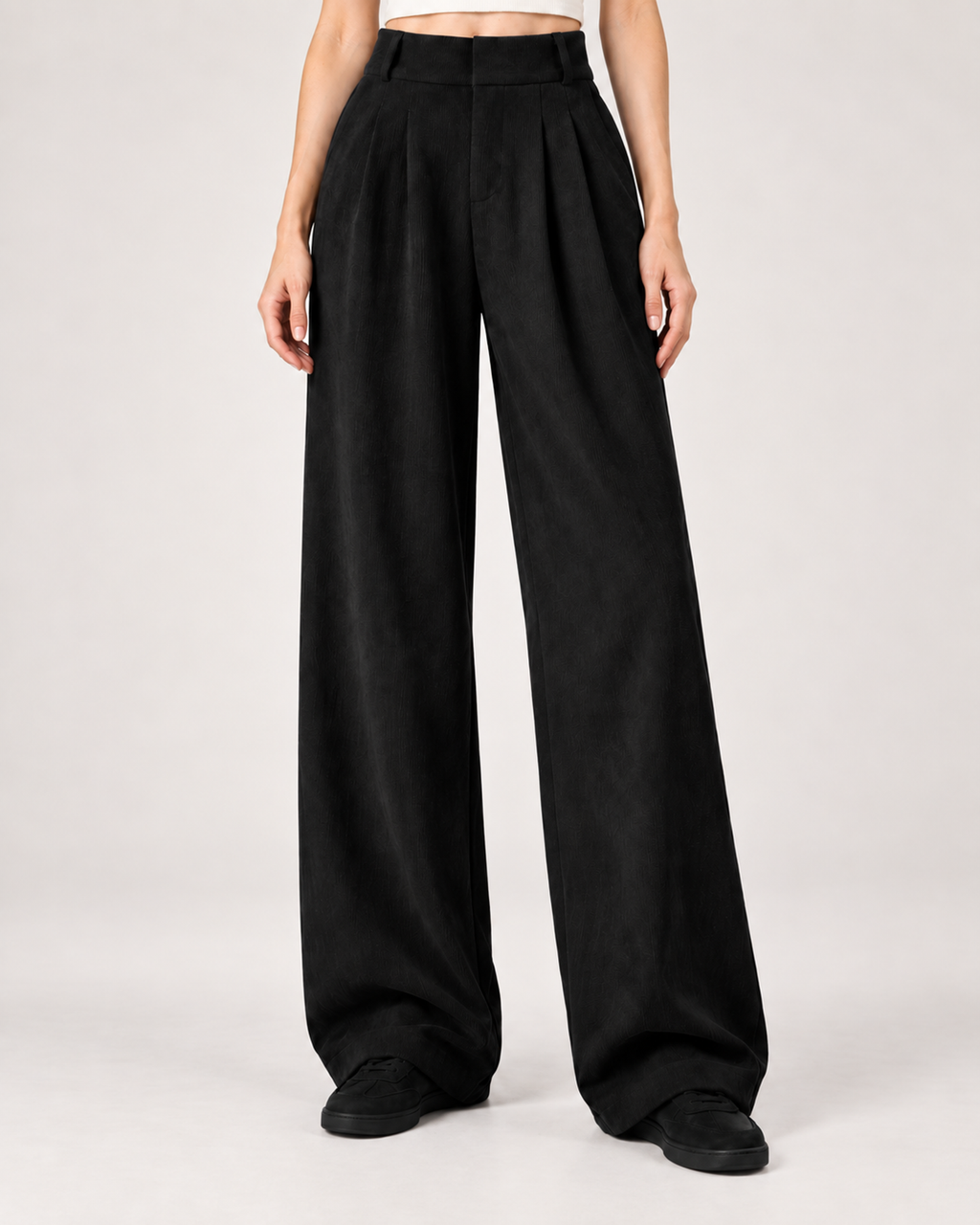 Women’s Wide Leg Trousers with High Waist and Front Pleats in Black, lower body product focus view