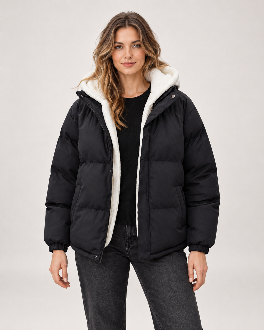 Women’s Puffer Jacket with Hood and Zip Front in Black, short outerwear product focus view