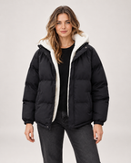 Women’s Puffer Jacket with Hood and Zip Front in Black, short outerwear product focus view
