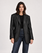 Women’s Faux Leather Blazer with Oversized Fit in Black, short outerwear product focus view