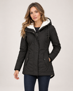 Women’s Fleece Lined Jacket with Hood and Zip Front in Black, short outerwear product focus view