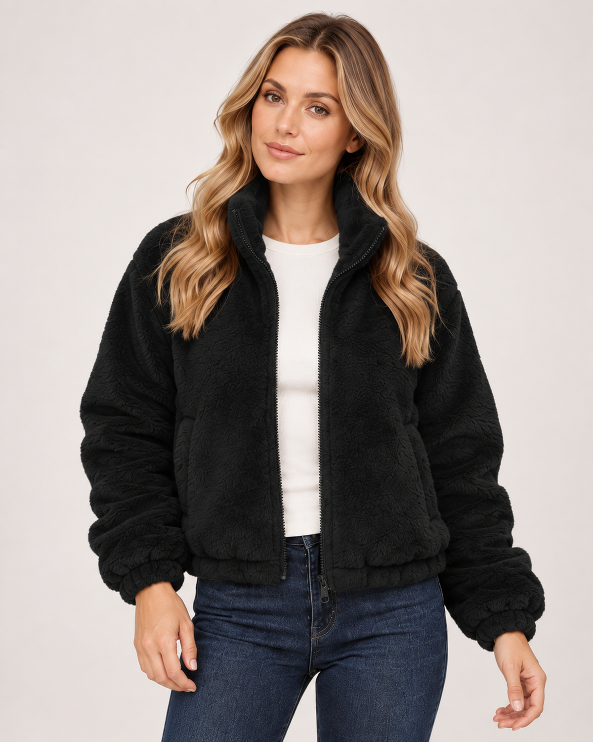 Women’s Fleece Jacket with Funnel Neck and Zip Front in Black, short outerwear product focus view