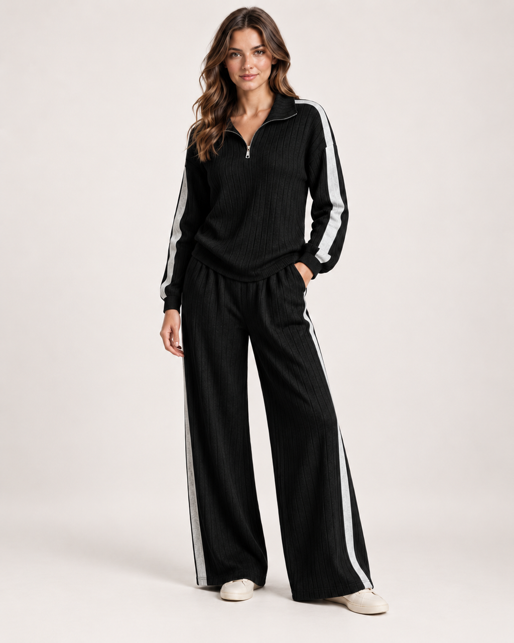 Women’s Co-Ord Set with Half Zip Top and Wide Leg Trousers in Black, lower body product focus view