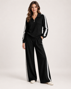 Women’s Co-Ord Set with Half Zip Top and Wide Leg Trousers in Black, lower body product focus view