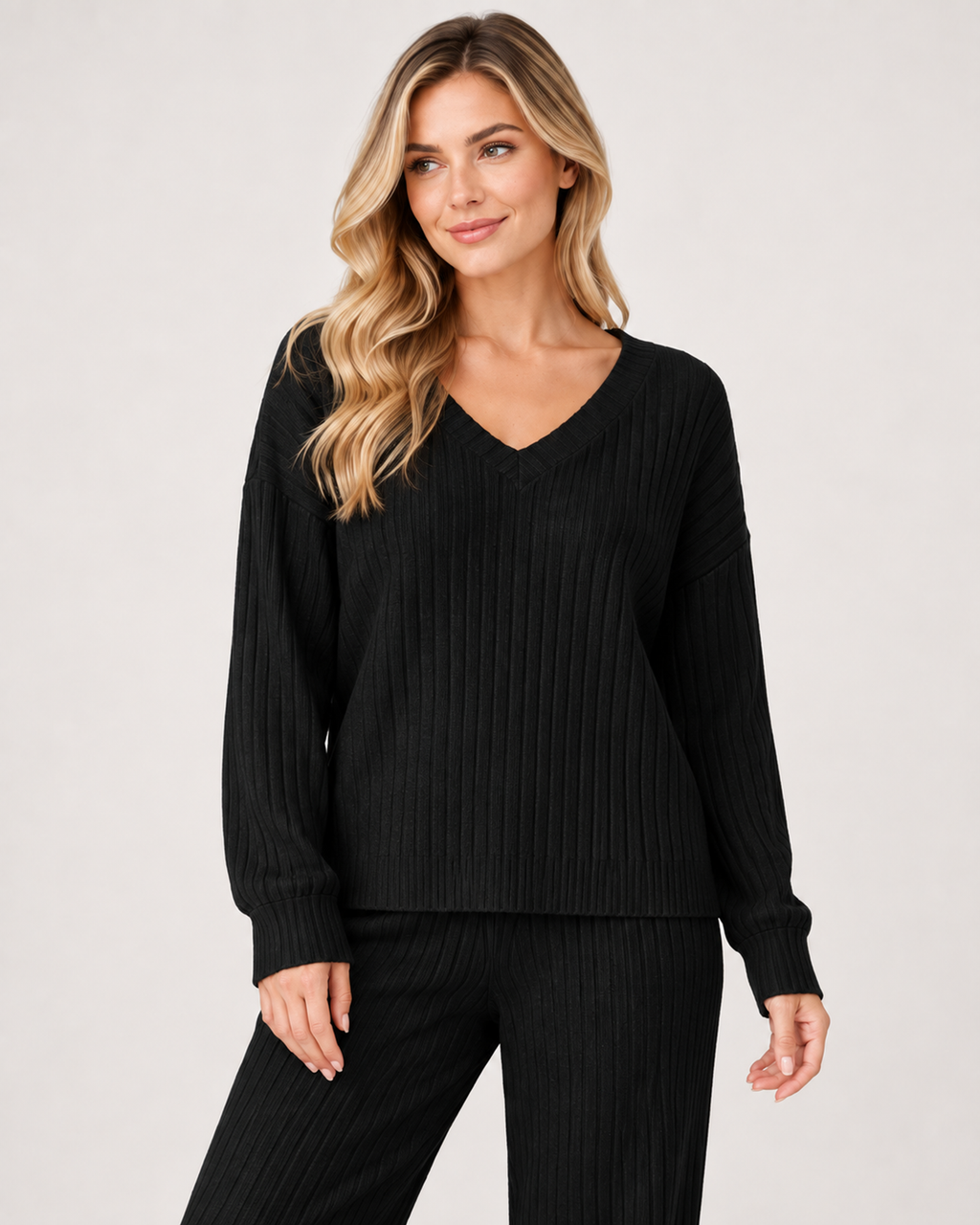 Women’s Loungewear Set with Ribbed Finish and V Neck in Black, lower body product focus view