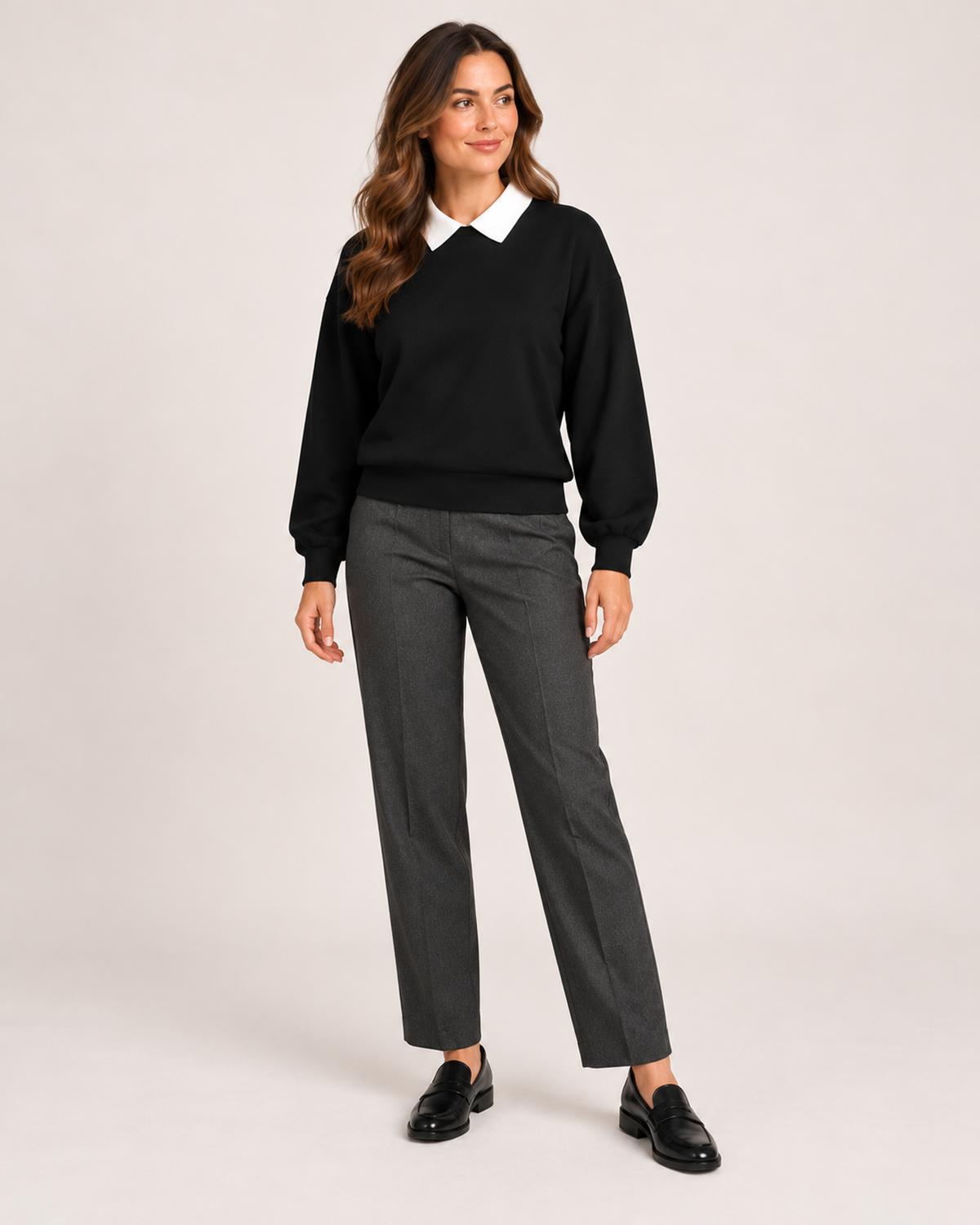 Women’s Collared Jumper with Layered Shirt Detail in Black, upper body product focus view