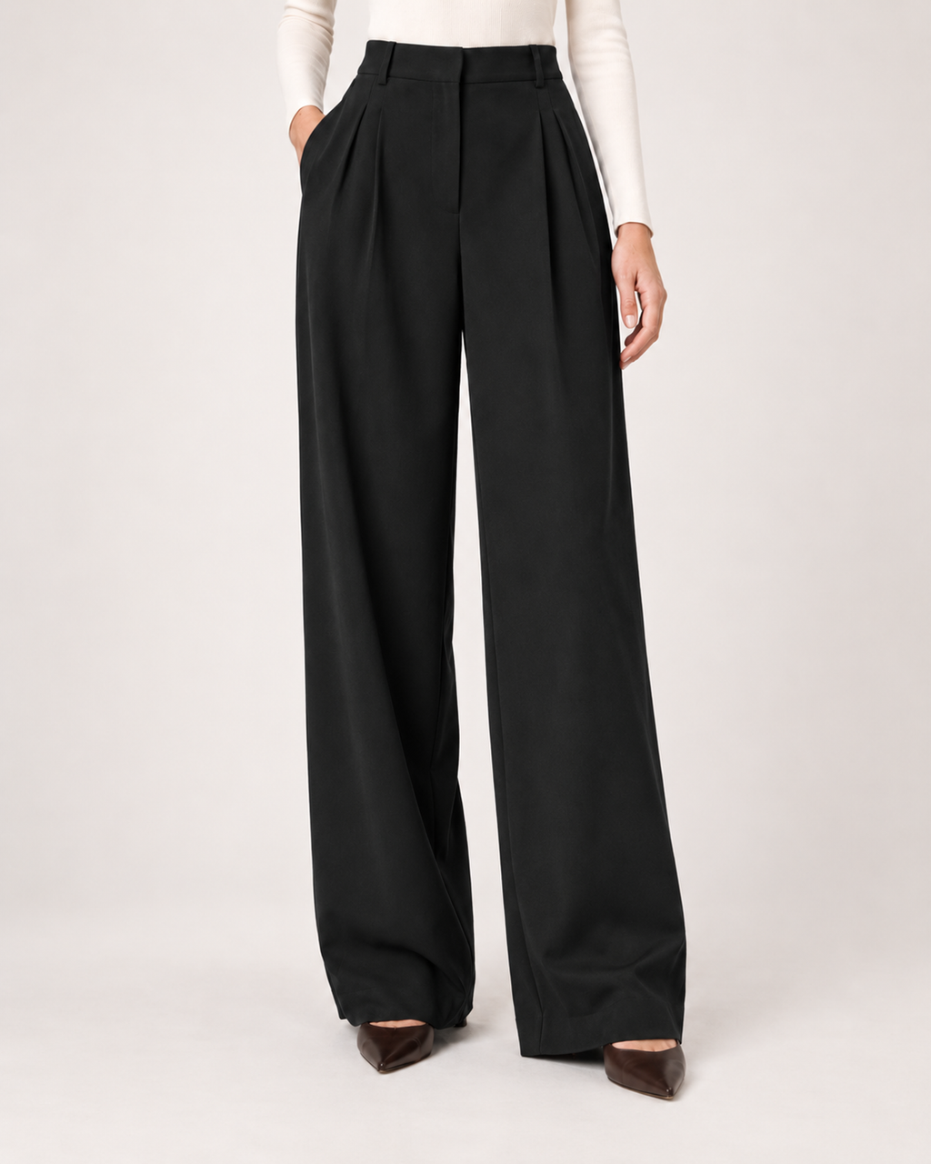 Women’s Straight Leg Trousers with High Waist and Front Pleats in Black, lower body product focus view