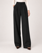 Women’s Straight Leg Trousers with High Waist and Front Pleats in Black, lower body product focus view