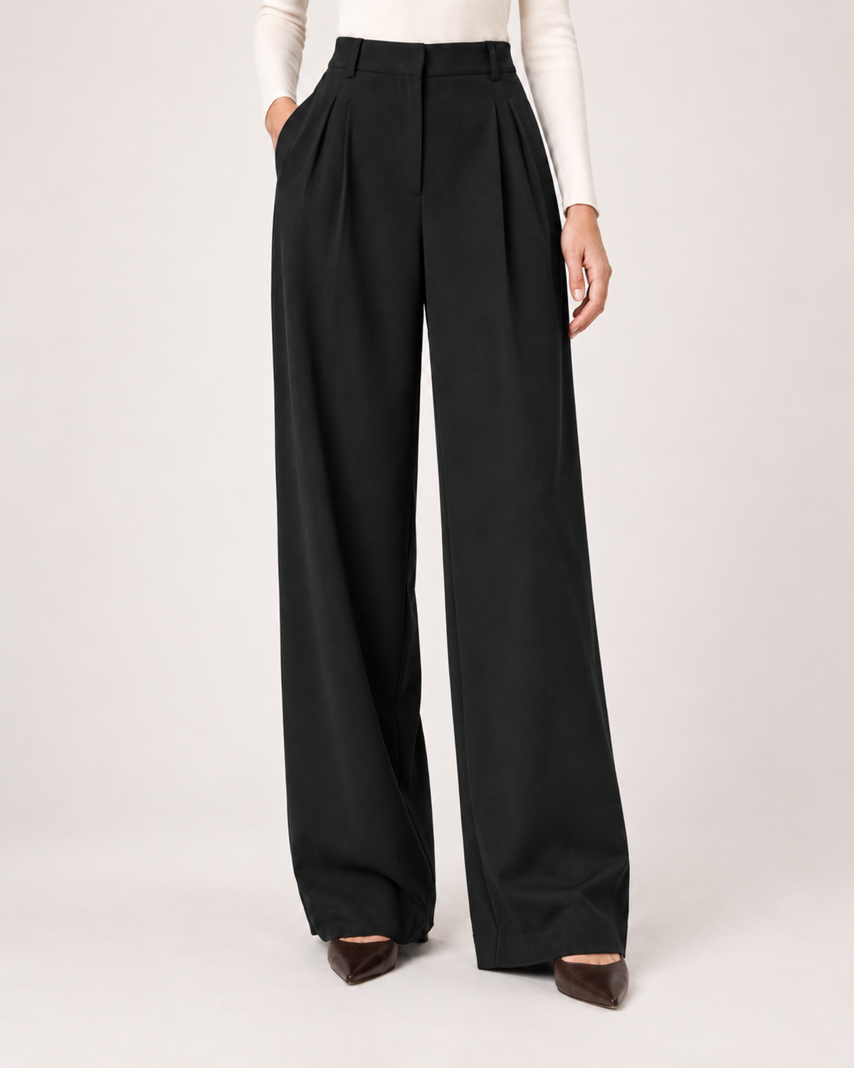 Women’s Straight Leg Trousers with High Waist and Front Pleats in Black, lower body product focus view