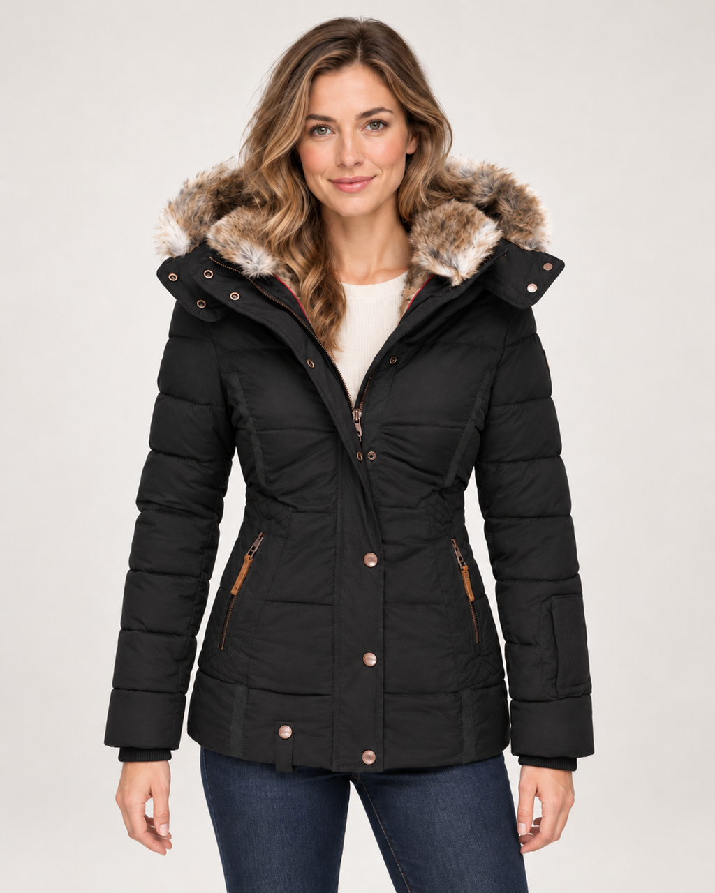 Women’s Puffer Jacket with Faux Fur Hood in Black, short outerwear product focus view