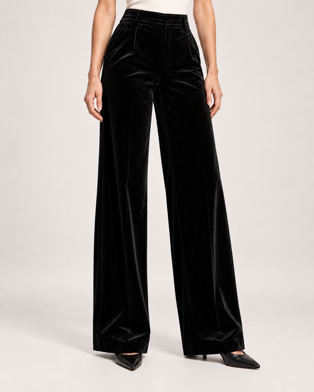 Women’s Wide Leg Trousers with High Waist and Pockets in Black, lower body product focus view