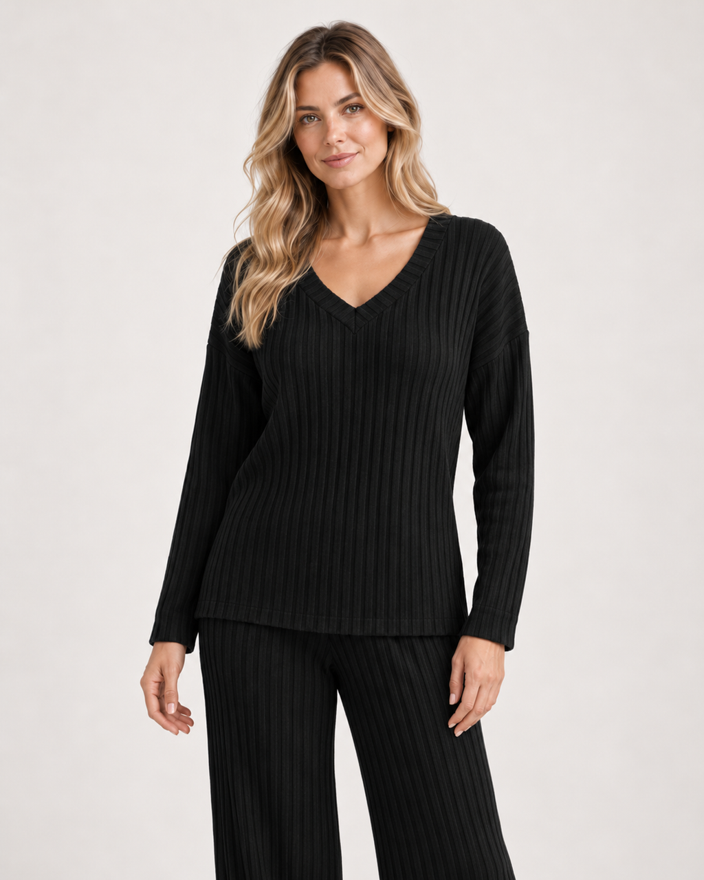 Women’s Co-Ord Set with Ribbed V-Neck Top and Wide Leg Trousers in Black, full body view
