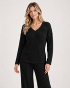 Women’s Co-Ord Set with Ribbed V-Neck Top and Wide Leg Trousers in Black, full body view