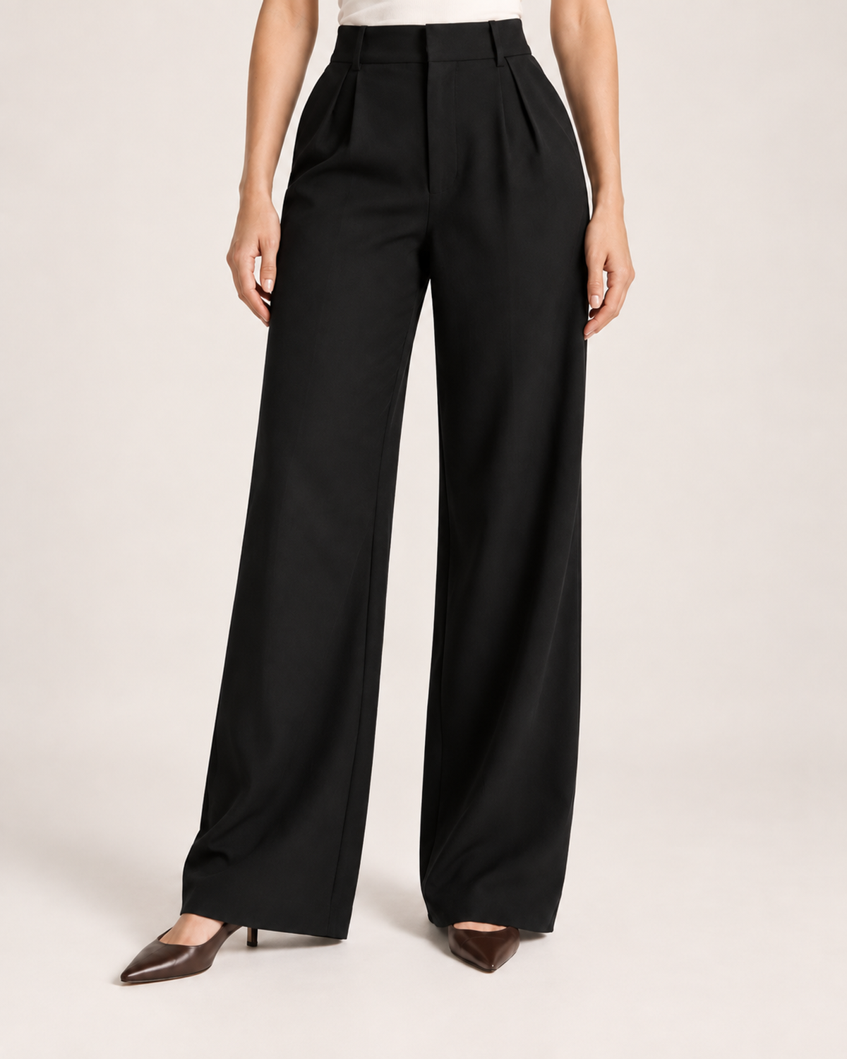 Women’s Wide Leg Trousers with High Waist and Pockets in Black, lower body product focus view