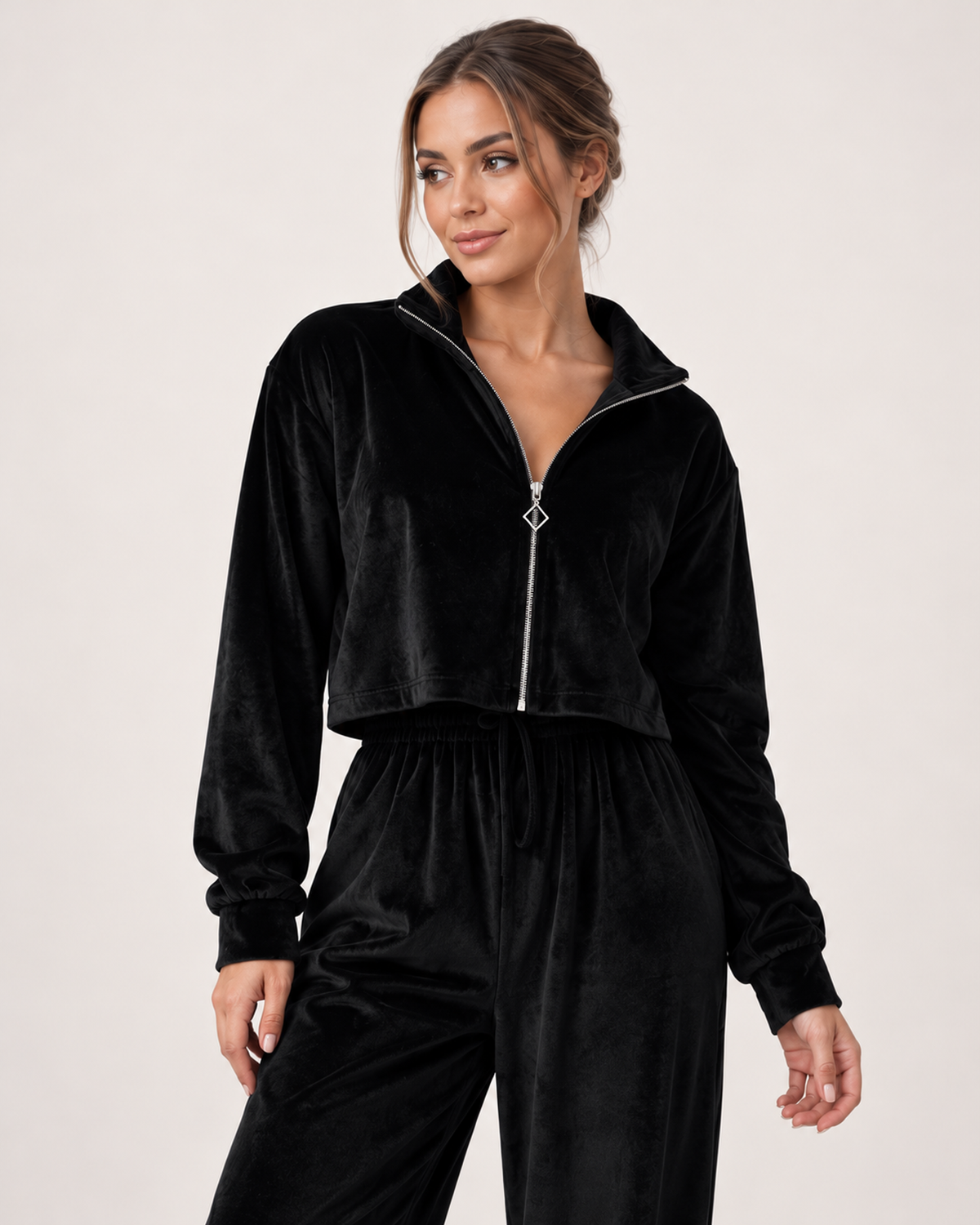 Women’s Loungewear Set with Zip Up Top and Wide Leg Trousers in Black, full body view