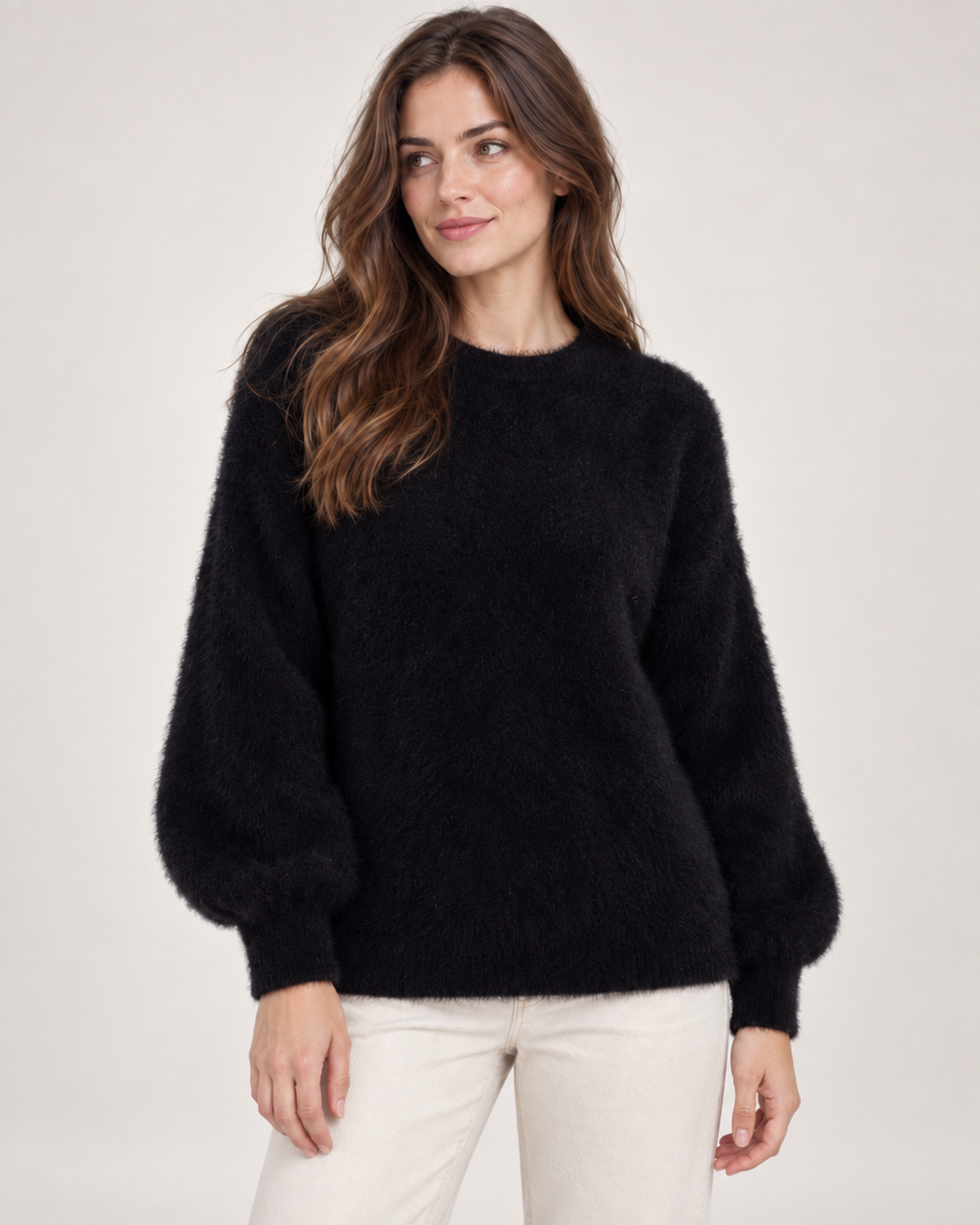 Women’s Fluffy Jumper with Crew Neck in Black, upper body product focus view