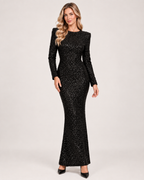 Women’s Long Sleeve Sequin Dress with Open Back Bow in Black, full body view