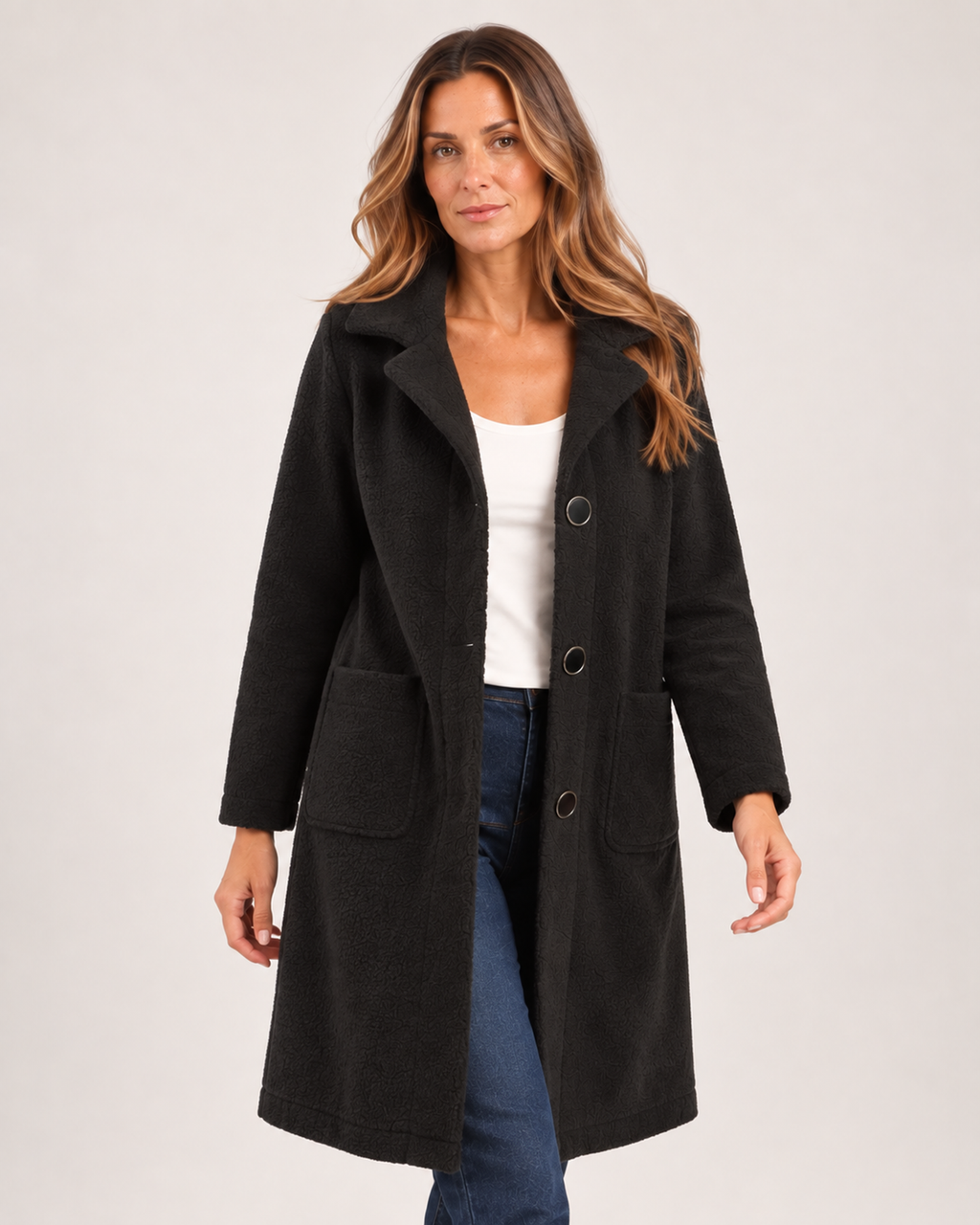 Women’s Longline Cardigan with Button Front and Pockets in Black, full body view