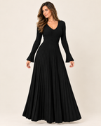 Women’s Knitted Dress with V Neck and Pleated Maxi Skirt in Black, lower body product focus view