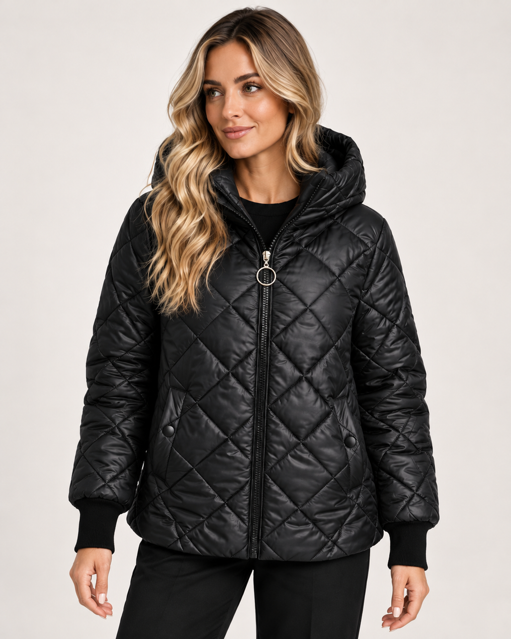 Women’s Quilted Jacket with Hood and Zip Front in Black, lower body product focus view