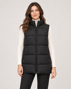 Women’s Puffer Gilet with Longline Shape and Stand Collar in Black, full body view