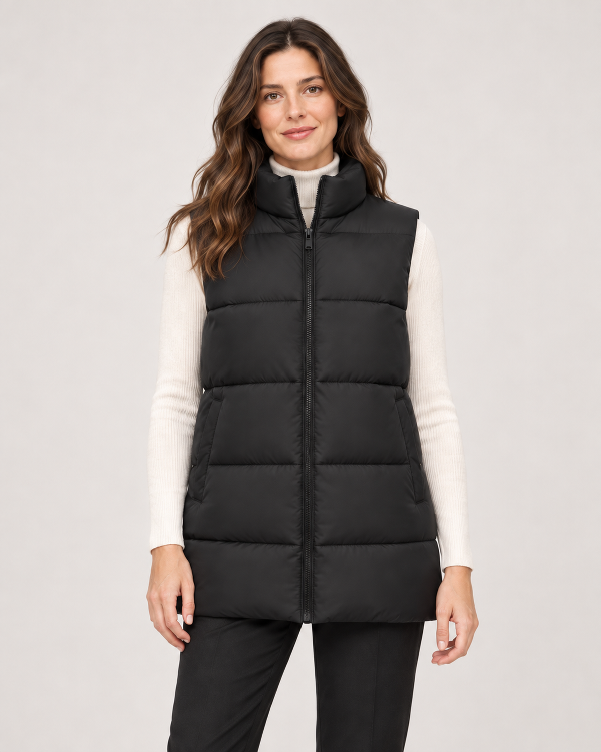 Women’s Puffer Gilet with Longline Shape and Stand Collar in Black, full body view