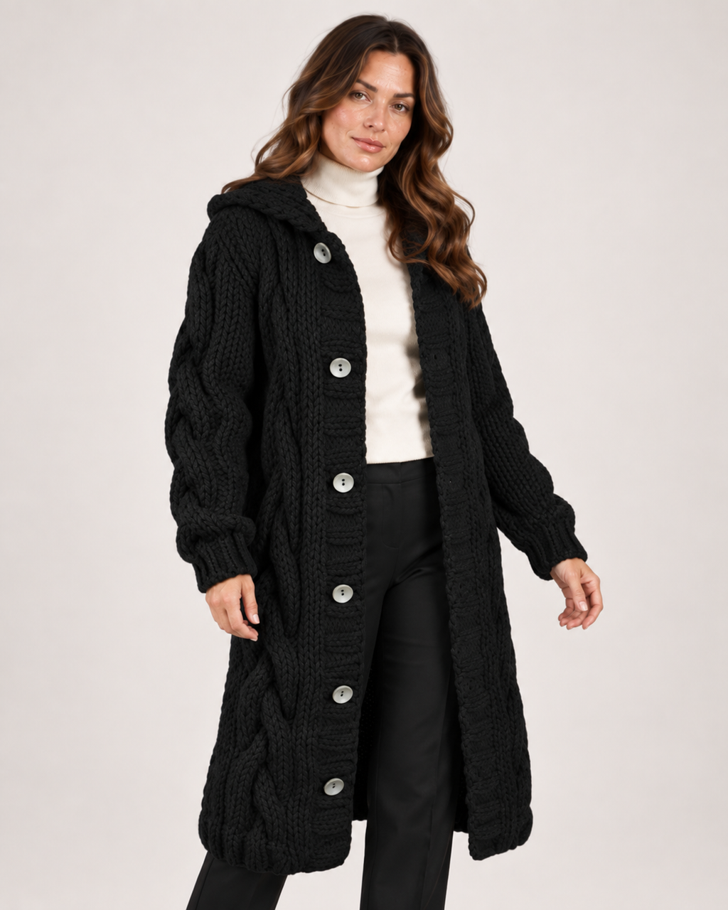 Women’s Longline Cardigan with Cable Knit and Hood in Black, full body view