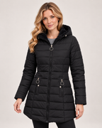 Women’s Quilted Jacket with Hood and Longline Shape in Black, short outerwear product focus view