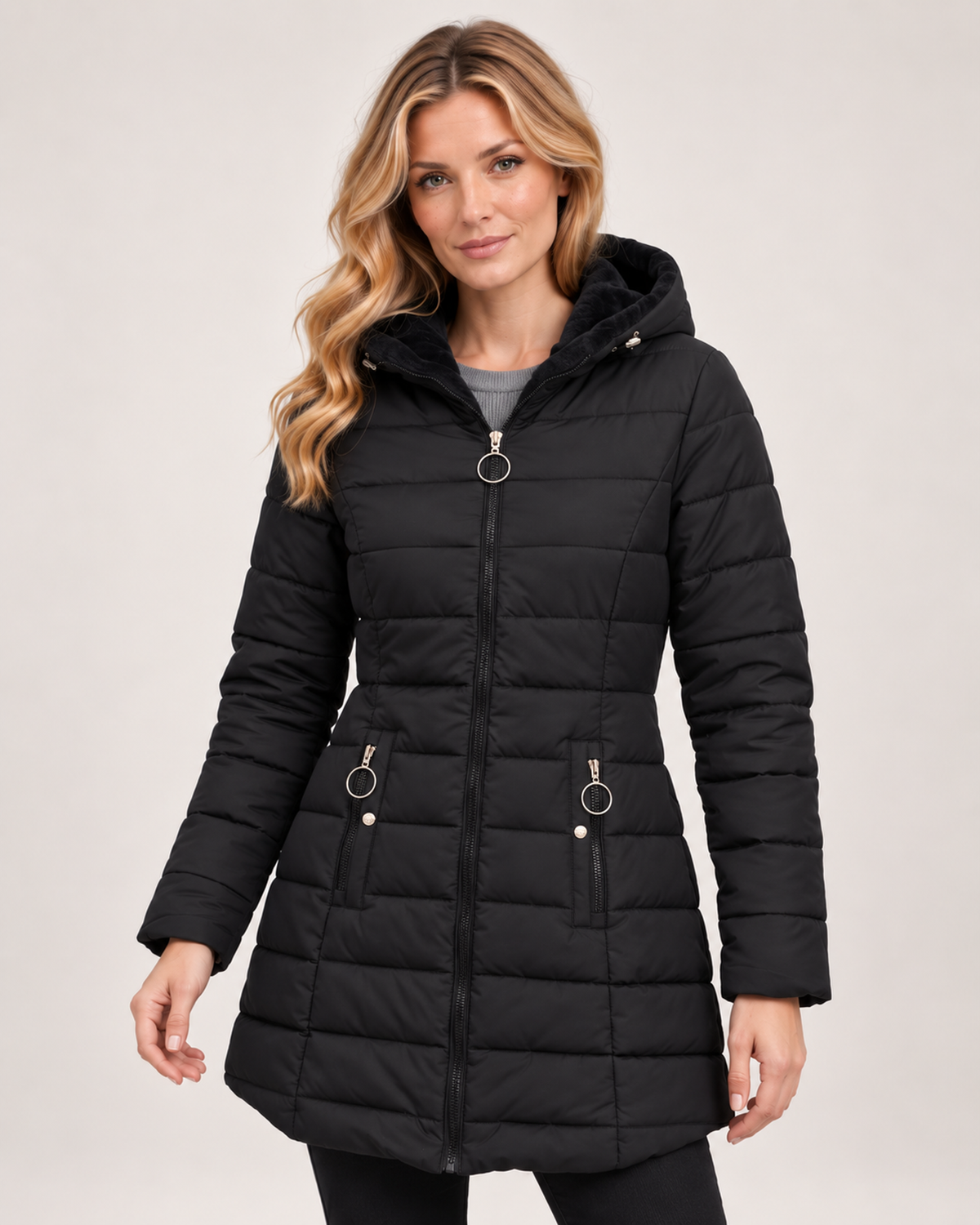 Women’s Quilted Jacket with Hood and Longline Shape in Black, short outerwear product focus view