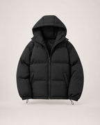 Women’s Puffer Jacket with Hood and Zip Front in Black, product only view