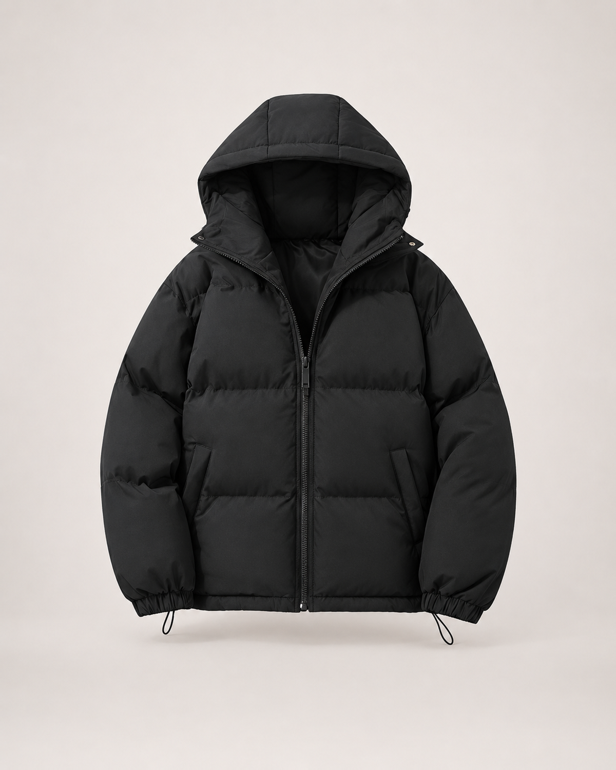 Women’s Puffer Jacket with Hood and Zip Front in Black, product only view