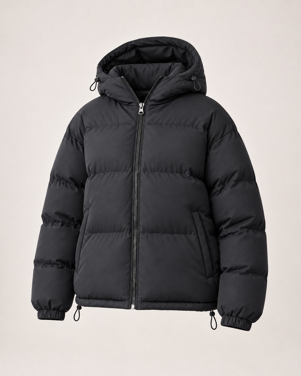 Women’s Puffer Jacket with Hood and Drawcord Hem in Black, product only view