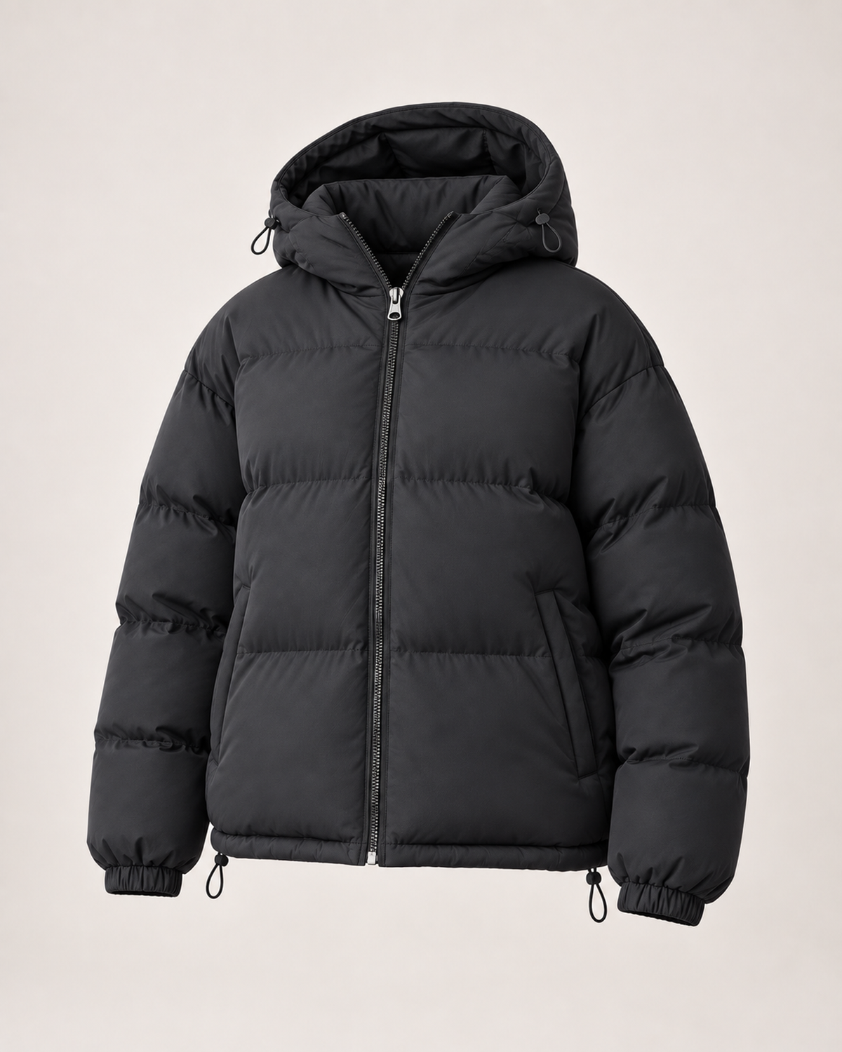 Women’s Puffer Jacket with Hood and Drawcord Hem in Black, product only view