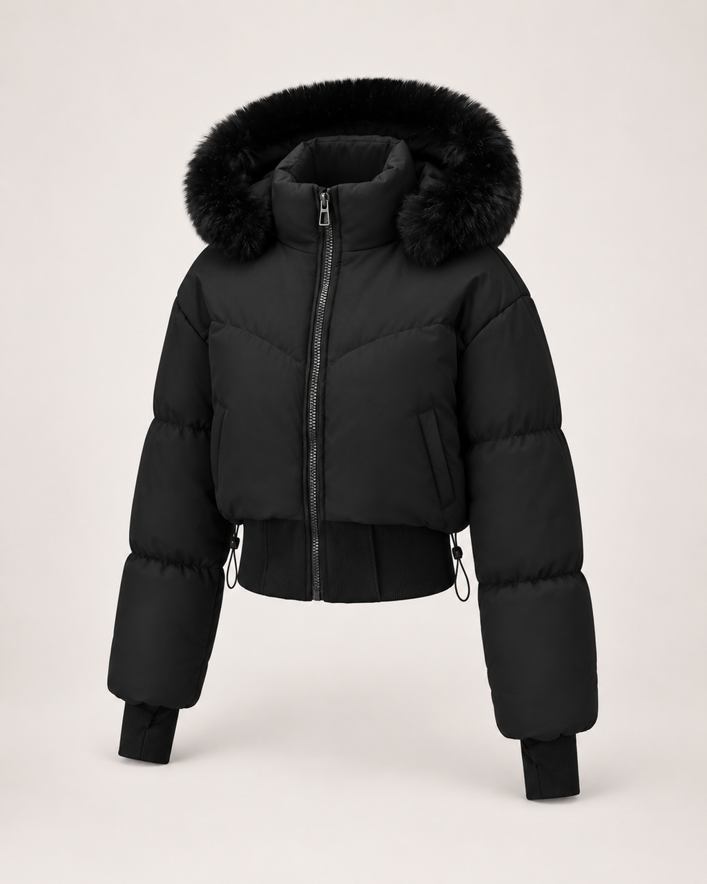Women’s Puffer Jacket with Cropped Shape and Detachable Hood Trim in Black, product only view