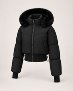 Women’s Puffer Jacket with Cropped Shape and Detachable Hood Trim in Black, product only view