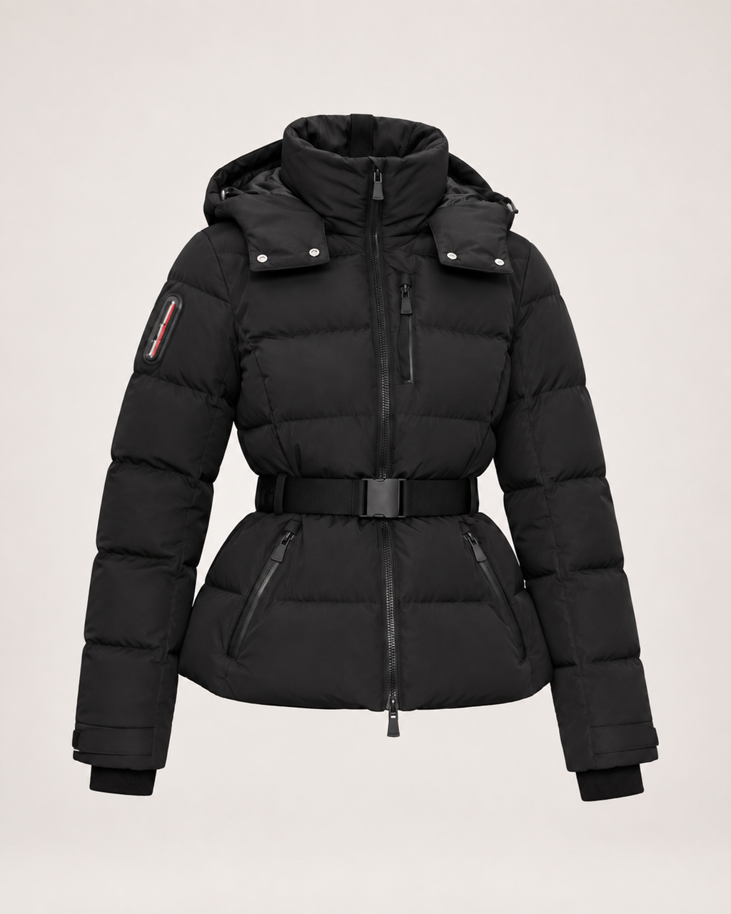 Women’s Ski Jacket in Black with Belt and Hood in Black, product only view