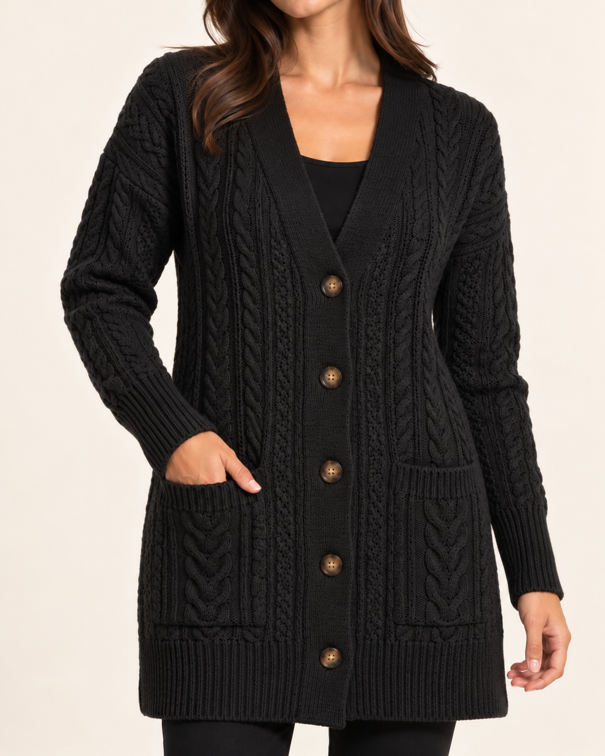 Women's black cable knit button front coatigan close variant view
